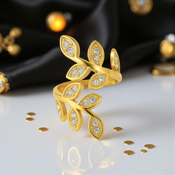 🆕️Elegant 18K Gold Plated Adjustable Leaves 🌿Leaf Ring Sparkling Zirconia ✨ - Picture 1 of 14
